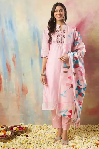 Pink embroidered chanderi modal kurta sets
