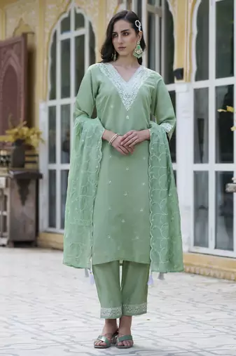 Pista embroidered silk blend kurta sets