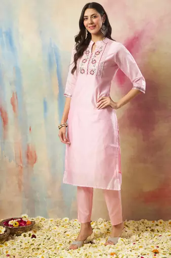 Pink embroidered chanderi modal kurta sets