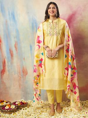 Yellow embroidered chanderi modal kurta sets 1