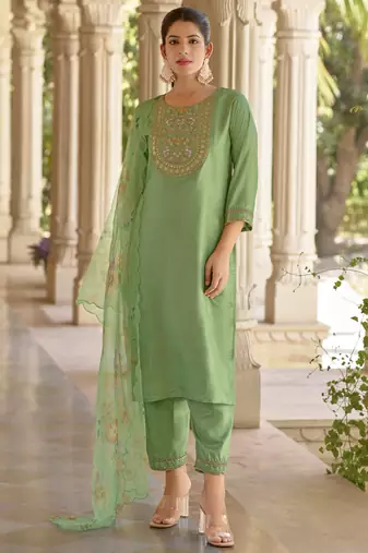 Pista embroidered silk blend kurta sets