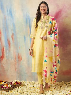 Yellow embroidered chanderi modal kurta sets 2