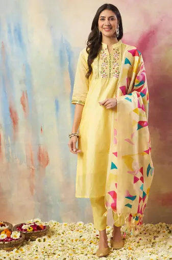 Yellow embroidered chanderi modal kurta sets