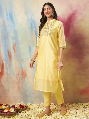 Yellow embroidered chanderi modal kurta sets 3