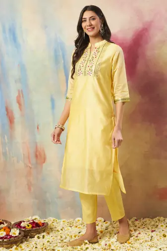 Yellow embroidered chanderi modal kurta sets