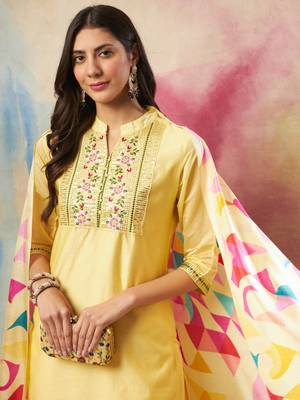 Yellow embroidered chanderi modal kurta sets 4