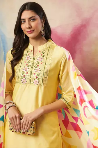 Yellow embroidered chanderi modal kurta sets