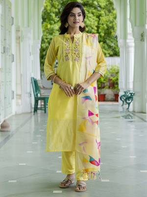 Yellow embroidered chanderi modal kurta sets 2