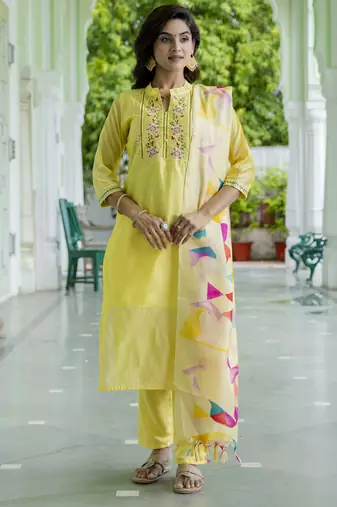 Yellow embroidered chanderi modal kurta sets