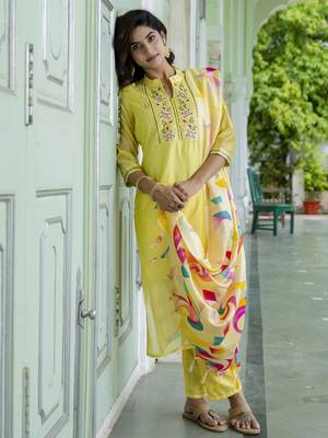 Yellow embroidered chanderi modal kurta sets 3