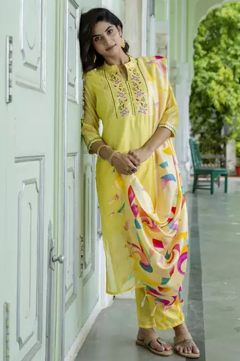 Yellow embroidered chanderi modal kurta sets