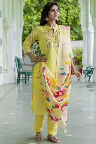 Yellow embroidered chanderi modal kurta sets