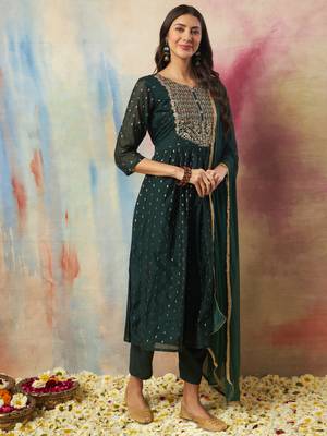 Green embroidered cotton silk kurta sets 1