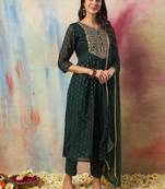 Green embroidered cotton silk kurta sets