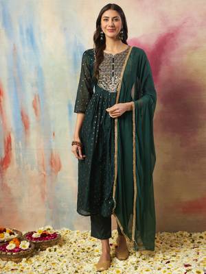 Green embroidered cotton silk kurta sets 2
