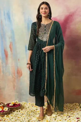 Green embroidered cotton silk kurta sets