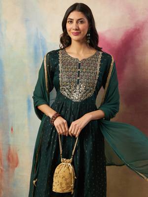 Green embroidered cotton silk kurta sets 3