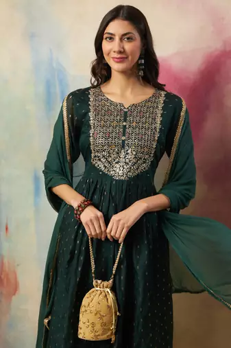 Green embroidered cotton silk kurta sets