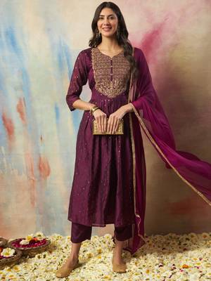 Purple embroidered cotton silk kurta sets 1