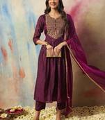 Purple embroidered cotton silk kurta sets