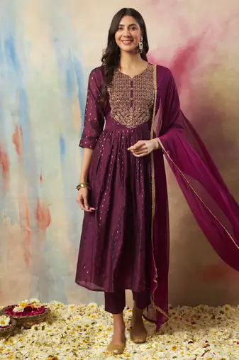 Purple embroidered cotton silk kurta sets