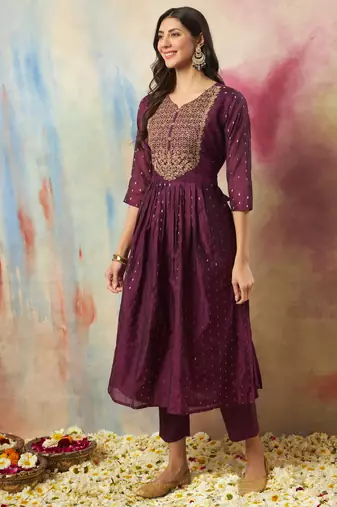 Purple embroidered cotton silk kurta sets