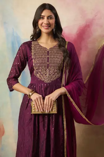 Purple embroidered cotton silk kurta sets