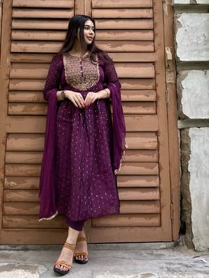 Purple embroidered cotton silk kurta sets 1
