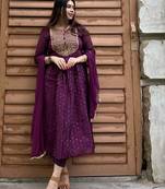 Purple embroidered cotton silk kurta sets