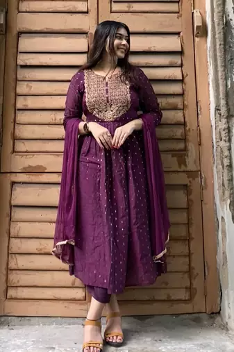 Purple embroidered cotton silk kurta sets