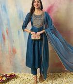 Blue embroidered cotton silk kurta sets