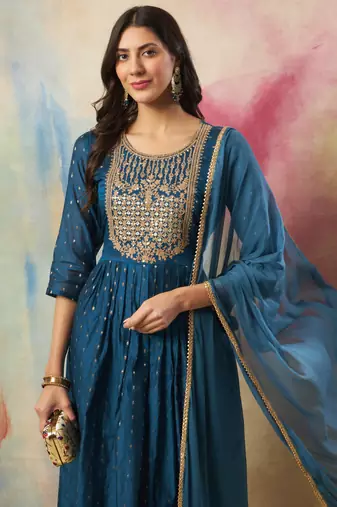 Blue embroidered cotton silk kurta sets