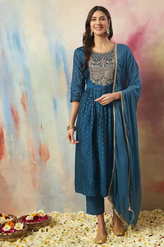 Blue embroidered cotton silk kurta sets