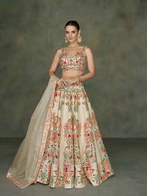 Cream Embroidery and Print Art Silk Lehenga with Bloue Full Stitched 1