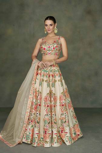 Cream Embroidery and Print Art Silk Lehenga with Bloue Full Stitched