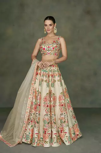 Cream Embroidery and Print Art Silk Lehenga with Bloue Full Stitched