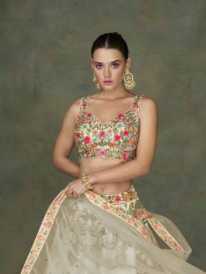 Cream Embroidery and Print Art Silk Lehenga with Bloue Full Stitched 2