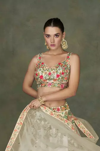 Cream Embroidery and Print Art Silk Lehenga with Bloue Full Stitched