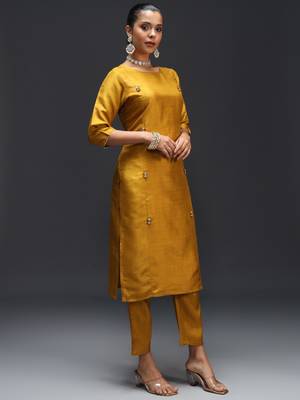 Mustard embroidered cotton silk blend kurta sets 2