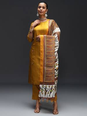 Mustard embroidered cotton silk blend kurta sets 3