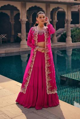 Pink Embroidery and Sequins Chinnon Silk Lehenga Bloue With Jacket  Full Stitched 1