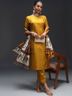 Mustard embroidered cotton silk blend kurta sets 4