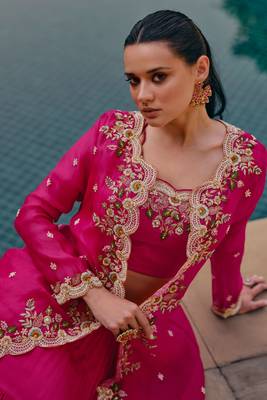 Pink Embroidery and Sequins Chinnon Silk Lehenga Bloue With Jacket  Full Stitched 2