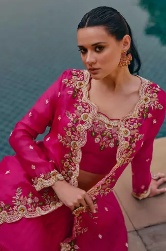 Pink Embroidery and Sequins Chinnon Silk Lehenga Bloue With Jacket  Full Stitched