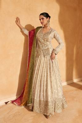 Beige Embroidery and Sequins Jacquard Silk Lehenga Bloue  Full Stitched 1