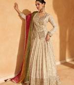 Beige Embroidery and Sequins Jacquard Silk Lehenga Bloue  Full Stitched