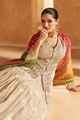Beige Embroidery and Sequins Jacquard Silk Lehenga Bloue  Full Stitched 2