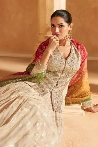 Beige Embroidery and Sequins Jacquard Silk Lehenga Bloue  Full Stitched