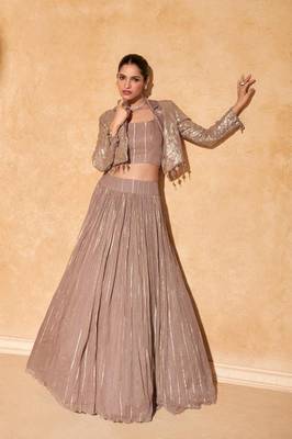 Rose Gold Embroidery and Sequins Chinnon Silk Lehenga Bloue With Jacket  Full Stitched 1