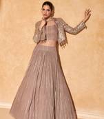 Rose Gold Embroidery and Sequins Chinnon Silk Lehenga Bloue With Jacket  Full Stitched